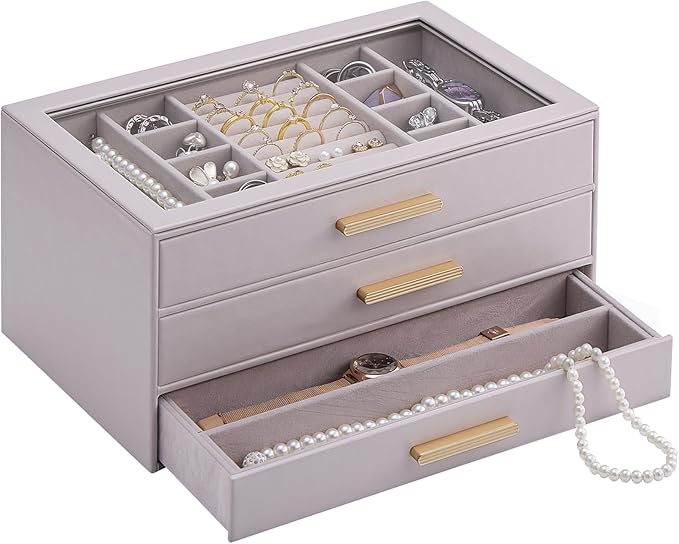 Lolalet Jewelry Box Organizer, 3-Layer Jewelry Organizers and Storage Case with Glass Lid, Ring Earring Bracelet Necklace Holder Organizer, Birthday Valentine Gifts for Women Girls -3Layer, HazePurple