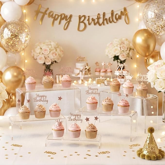 FUNFERY Acrylic Display Risers, 2 Set(7.8" L~8.2" L~8.6" L~9Ã¢ÂÂL~9.3Ã¢ÂÂL) Display Shelf for Figure, Collectibles, Cupcake, 5-Tier Clear Acrylic Stands for Dessert, Jewelry, Candy Showcase