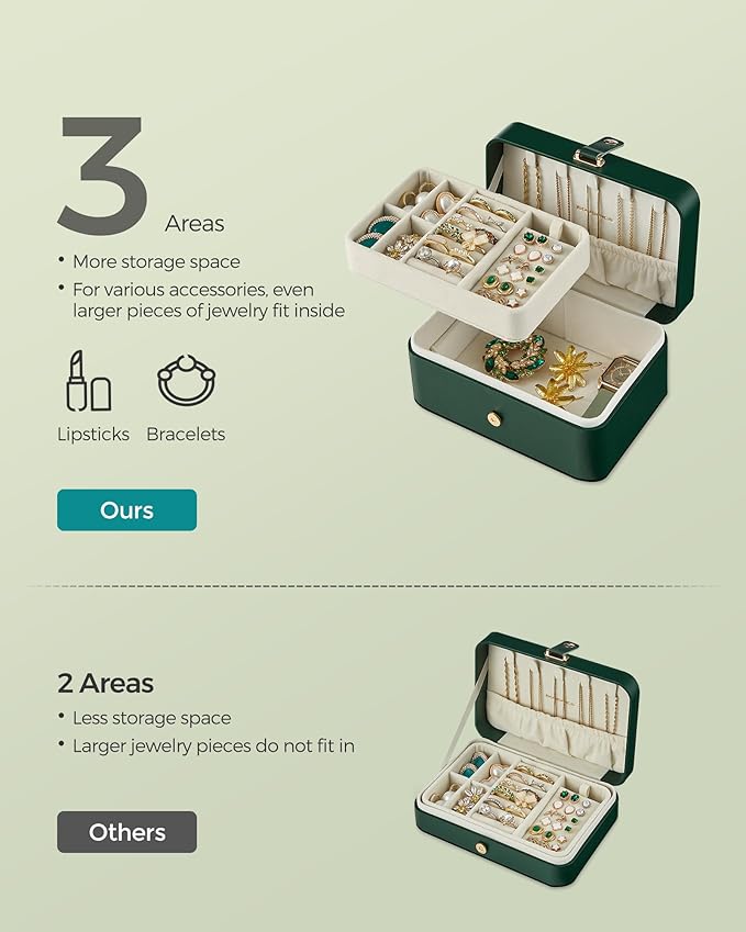 SONGMICS Jewelry Organizer Box, Travel Jewelry Case, 2-Layer Travel Case for Earrings, Necklaces, Bracelets - Portable Jewelry Storage with Large Capacity, Gift Idea, Forest Green UJBC166C01