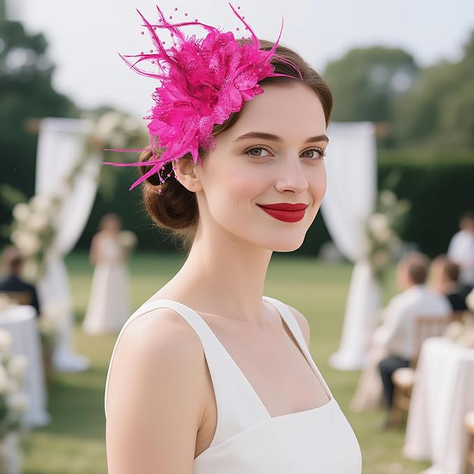 Womens Fascinators Hats Tea Party Hats for Women, Feather Pearl Veil Headband for Wedding Cocktail Dresses Accessories
