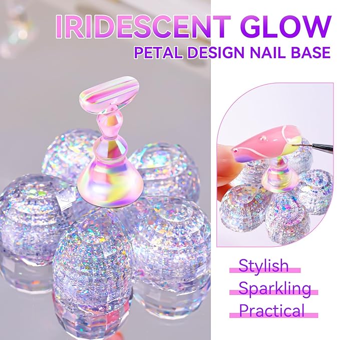 Makartt Press on Nails Stand: Clear and Pink Nail Holder for Painting Nails, Stands for Art Display Practice, Magnetic Clear Glitter Flower Fake Holders with Reusable Adhesive Putty for Home Salon DIY