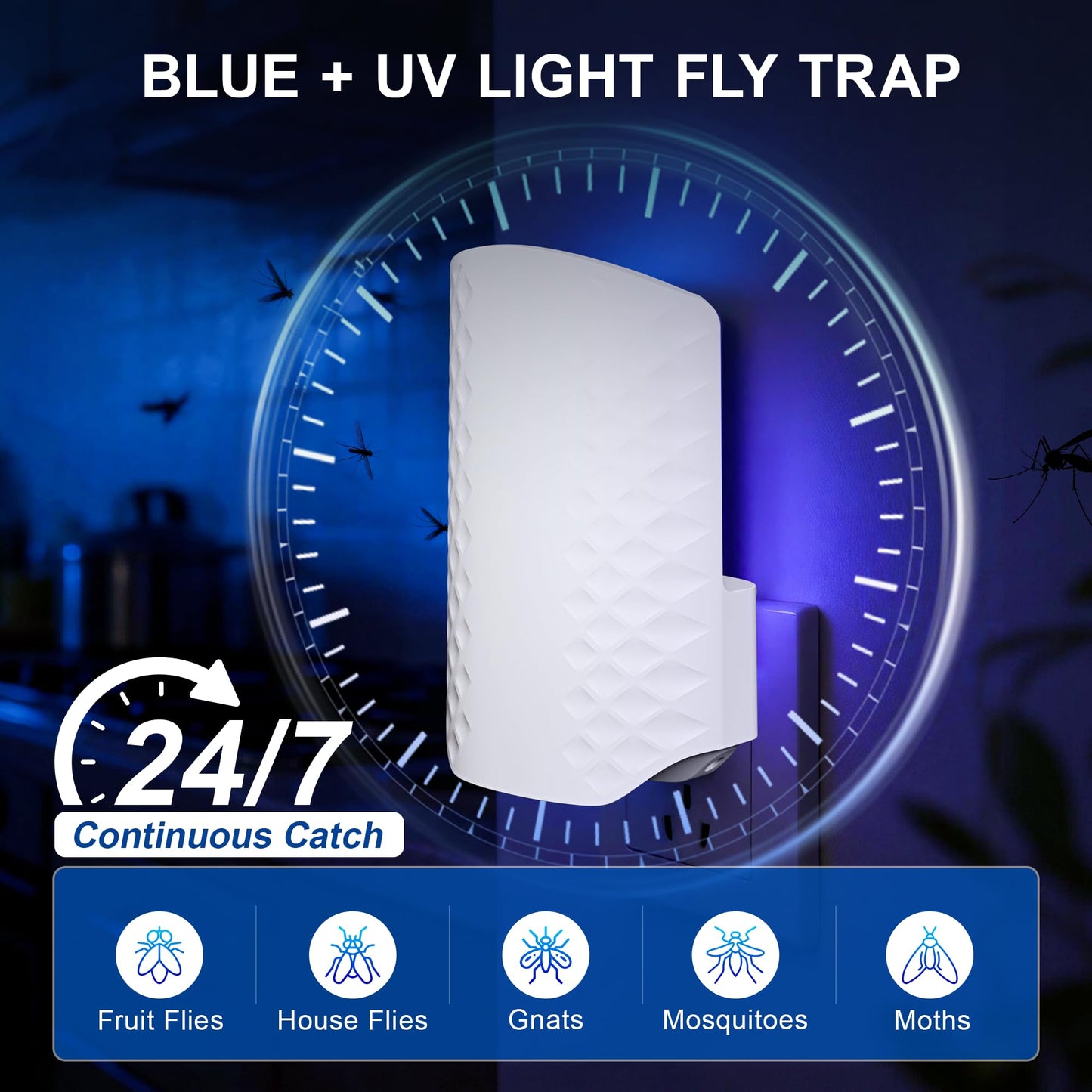 Flying Insect Trap for Indoors, Plug-in Fly Trap Bug Catcher for Gnats, Fruit Flies & House Flies, Upgraded Blue UV Light Trap with Sticky Cards, Silent & Mess-Free, 1 Device + 5 Refill