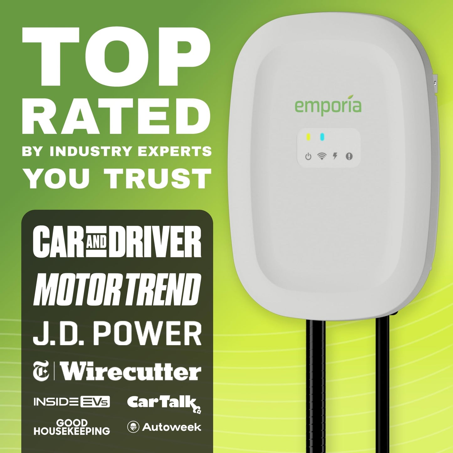 EMPORIA Level 2 EV Charger w/ J1772 Connector — 48 Amp, 240V WiFi Enabled Electric Vehicle Charging Station, 25ft Cable, NEMA 14-50, Black