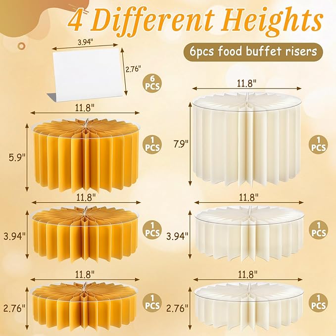 6Pcs Buffet Risers, Food Risers for Table, Foldable Cake Display Stands, Tall Cardboard Cupcakes Stand for Show Catering Desserts Jewelry Wedding Birthday Party Decoration (Yellow White)