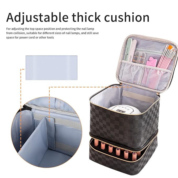 Portable Nail Polish Organizer Bag with UV Light Case - Holds 30 Bottles and 1 UV Nail Lamp, Double-Layers Nail Dryer Case for Gel Nail Polish Kit, Nail Art Decorations（Checkered Black）