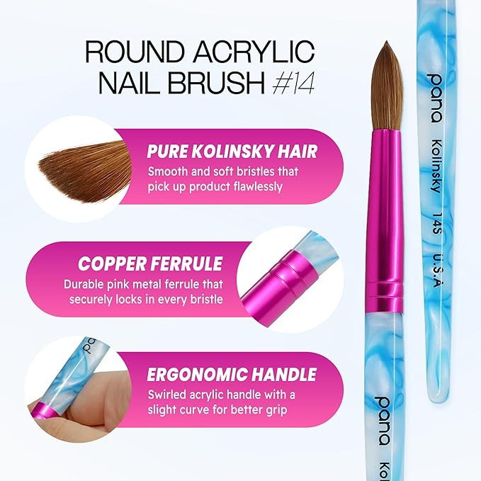 PANA Pure Kolinsky Hair Acrylic Nail Brush - Round Shape Pink Ferrule with White Swirl Blue Handle (Size 14)