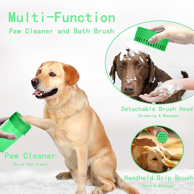 Dog Paw Cleaner Kit for Medium & Small Dogs - Quick Clean No Full Bath, 2-in-1 Paw Wash Cup with Detachable Silicone Brush Head, Includes Bath Brush & 3 Absorbent Towels, Green