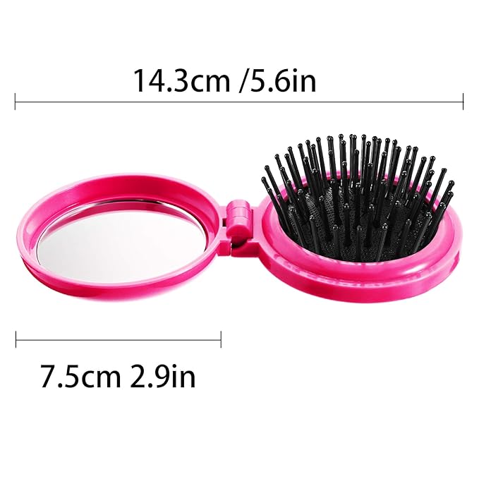 Boao 2 Pack Foldable Travel Mirror Hair Brushes Round Portable Folding Pocket Hair Brush Mini Comb Compact Travel Size Massage Comb for Men Women(Black, Rose Red,Round)