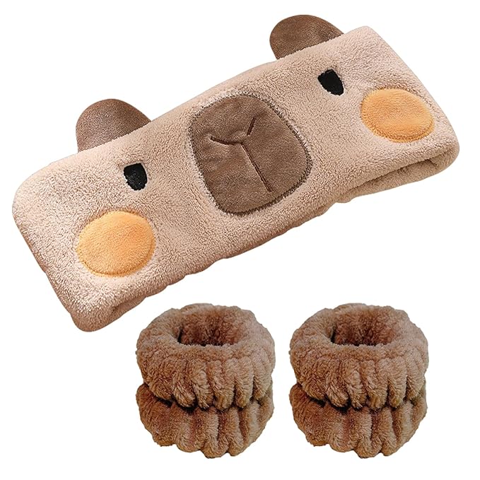 3PCS Spa Headband Capybara Headband with Face Wash Wristband Set, for Washing Face Absorbent Spa Wristbands Wrist Scrunchies Face Washing Wristbands