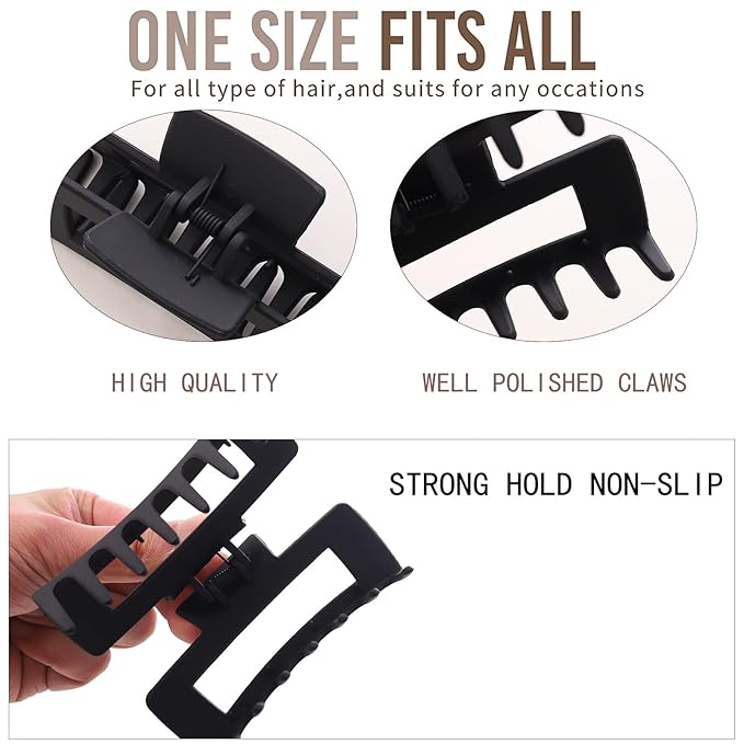 12 Pack Black Square Claw Clips, Big and Small Neutral Rectangle Hair Claw, Non-slip Matte Large Hair Clips for Women,Strong Hold jaw clip for Thick Thin Hair