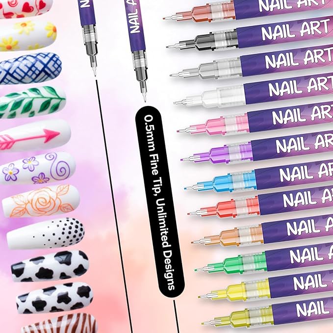 12 Colors Nail Art Pens Set, Fine Tip Nail Polish Pen Markers, Quick Dry Nail Art Kit for DIY Home Salon, Professional Nail Art Tools, Manicure Set Gift for Adults Beginners