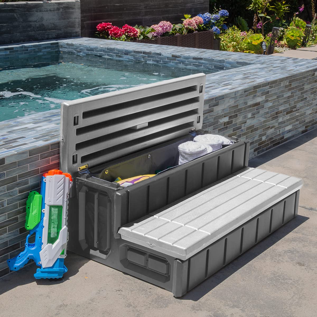 XtremepowerUS Universal Heavy Duty 2-Step Spa & Hot Tub Step Porch Steps with Large Storage Compartment Non-Slip Resistant Step Stairs 36" Inches Long Stool Pool Ladder, Grey
