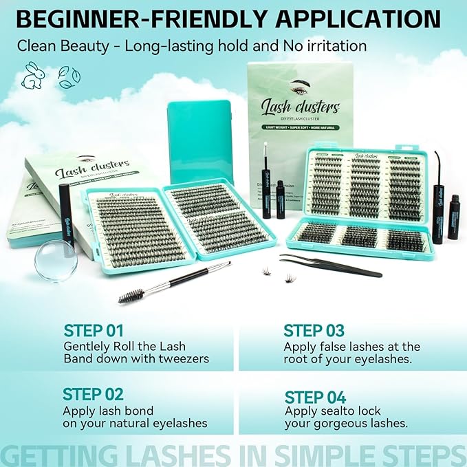 Wispy Lash Clusters Kit, D Curl Lashes Clusters Natural Look 9-16mm Individual Super Thin Band DIY Cluster Eyelash Extensions Kit with Bond Seal Tweezers Brush Remover (30DÃ¢ÂÂ100D Mix)