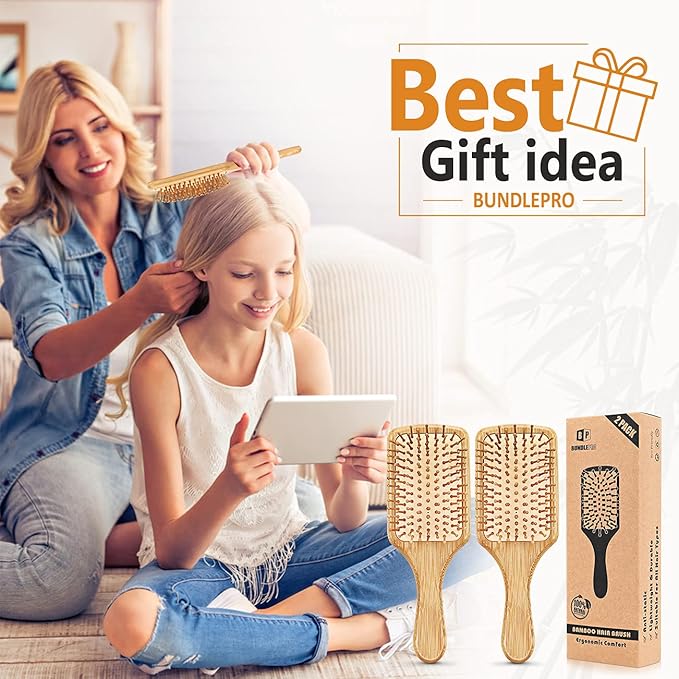 Pack of 2 Hair Brush with Natural Bristles, Massages Scalp Anti-Static Hair Detangle for All Types, Lightweight (Paddle)