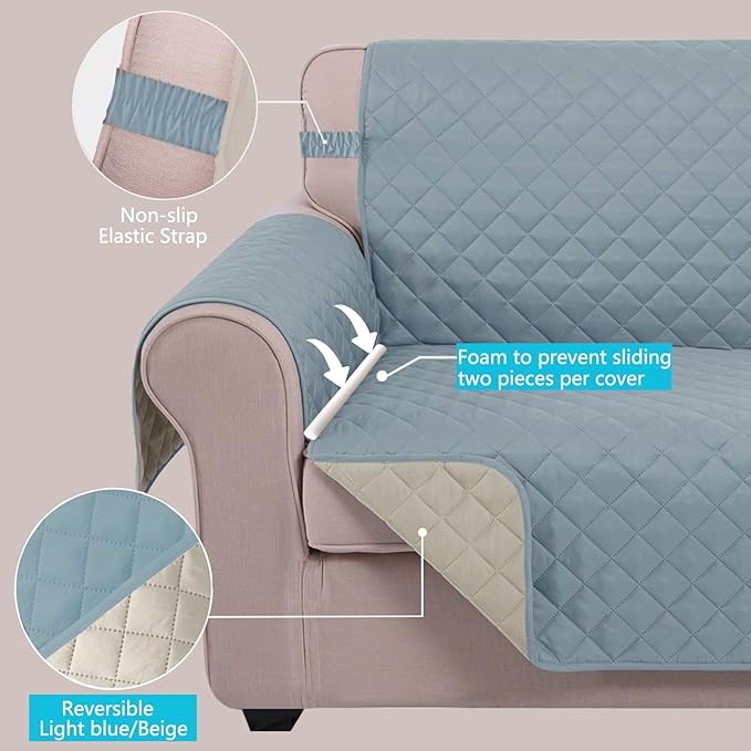U-NICE HOME 4 Seater Sofa Cover 91 Inch Large Couch Covers for 4 Cushion Couch with Elastic Straps Water Resistant Furniture Protector Cover for Pets Cat (Sofa XX-Large, Light Blue/Beige)