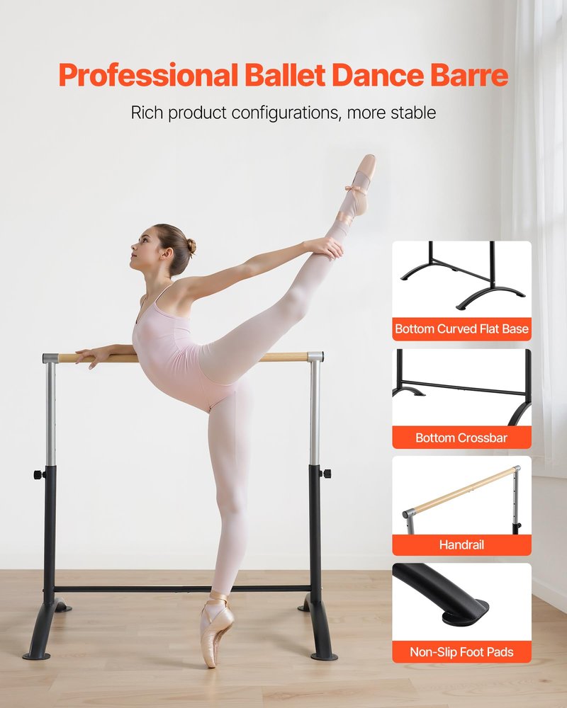 VEVOR Ballet Barre, 4 Ft Barre Bar for Home, Freestanding Portable Ballet Stretching Dance Bars, Height Adjustable Anti-Wobble Fitness Gym Studio Equipment, for Pilates Balance Workout