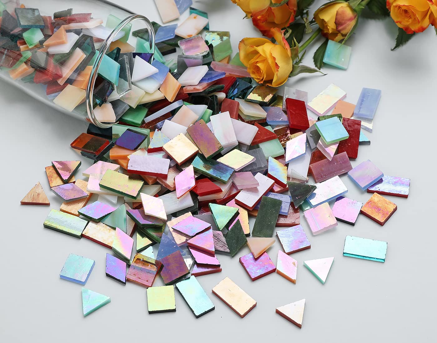 Lanyani Iridescent Glass Mosaic Tiles Bulk, 4-Shapes 700 Pieces Sparkle Iridized Stained Glass Tile for Mosaic Crafts