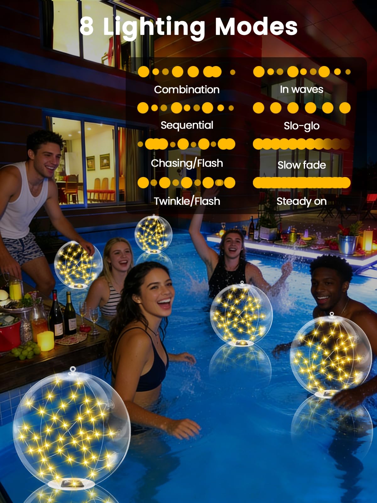 2026 New 2 Pack Floating Pool Lights, Warm White Solar Powered Pool Ball Lights That Float with 8 Modes, IP68 Waterproof Light Up Inflatable LED Balls for Pools Outdoor Party Wedding Yard Decorations