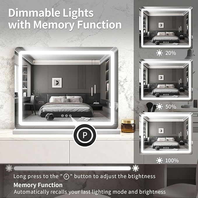 ROLOVE 23x18 Inch Vanity Mirror with Lights, 3-Color Modes, Dimmable LED Mirror with Touch Control - Large Makeup Mirror for Dressing Room (Wall/Tabletop Mount)