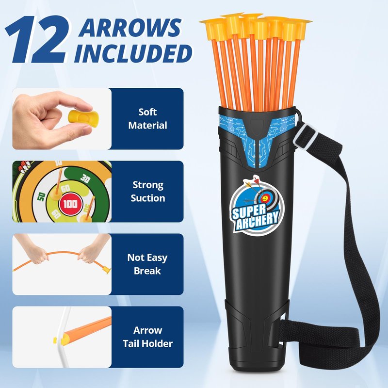 HYES Bow and Arrow for Kids, LED Light Up Archery Set with 12 Suction Cup Arrows, 1 Standing Target, 3 Score Targets & 1 Quiver, Indoor Outdoor Sport Gifts for Boys Girls Ages 4-12, Blue