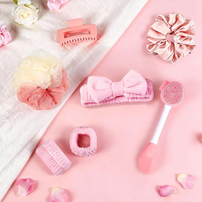 Small Gifts for Women - Spa Headband for Washing Face Set for Her with Headband, Wristbands, Bath Sponge, Scrunchie & Face Brush, Thoughtful Birthday Gift for Mom, Wife, Girlfriend or Best Friend