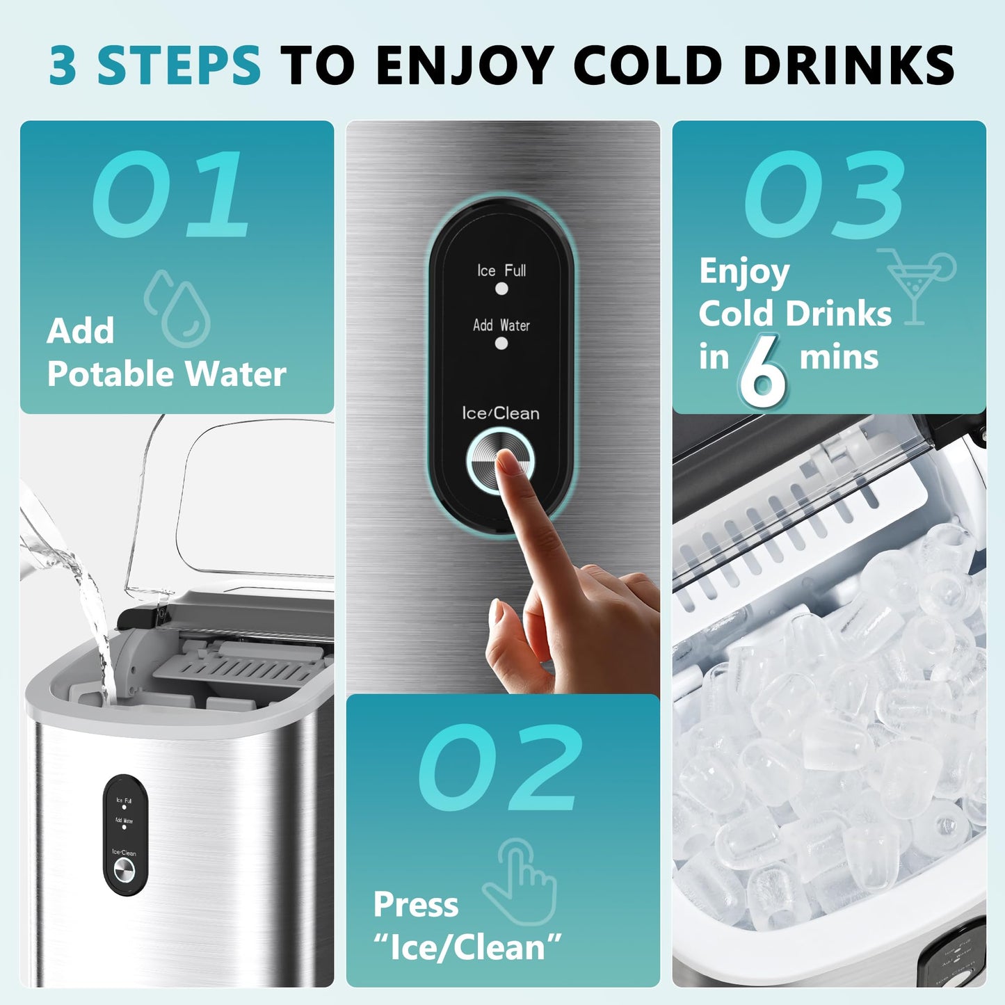EUHOMY Ice Maker Countertop, Portable Ice Machine with Carry Handle, 26.5lbs Per Day, 9 Cubes in 6 Mins, Auto-Cleaning, with Basket and Scoop, for Home, Kitchen, Camping, RV