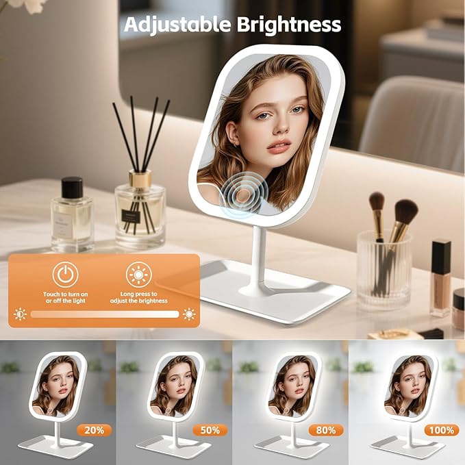 Touch-Sensitive Controls Vanity mirrorr, Makeup Mirror with LED Light, 2400mAh Rechargeable, 270-degree Rotation Adjustment,Beauty Vanity Mirror with Lights， Portable Travel, White, 3 Light Color