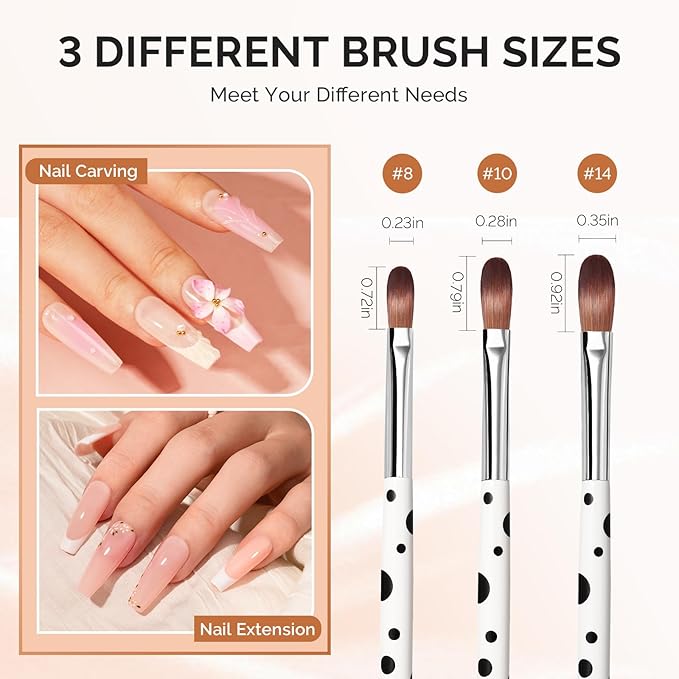 MelodySusie 3Pcs Acrylic Brush Set, Size 8/10/14 Professional Pen for Nail Application, Powder Art Extension and 3D Carving - DIY Home Salon