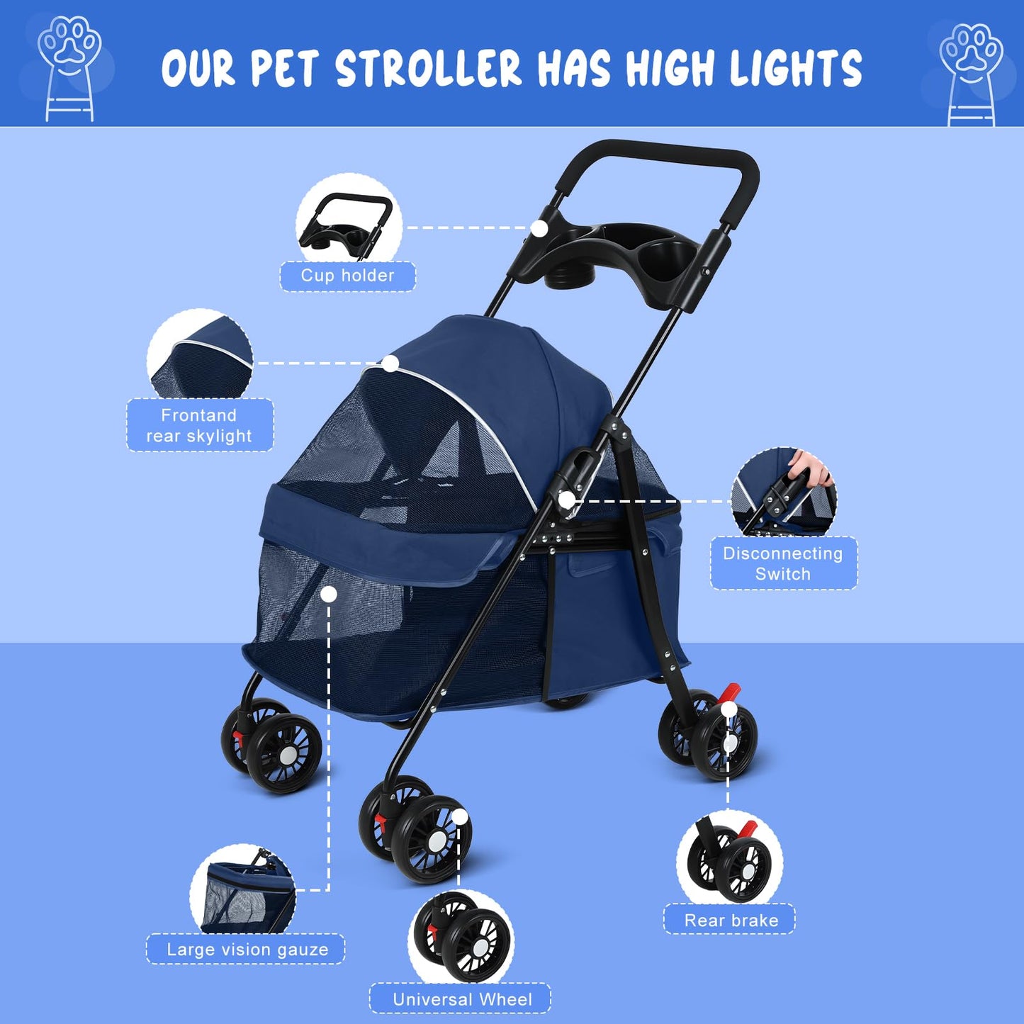 sxvbdway 4 Wheels Pet Stroller for Medium Small Dog up to 50lbs, Dog Cat Stroller, Outdoor Travel Pet Folding Strollers, Cat Cage Strollers with Cup Holder, Breathable and Visible Mesh (1 Set-Blue)