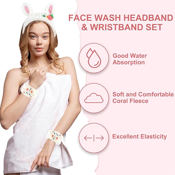 CAVETEE 3 Piece Cute Headband Set - Spa Cosmetic Elastic Headband, Wristband for Women, Face Skincare and Shower