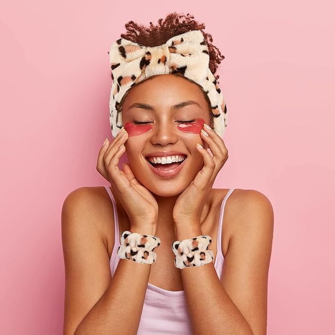 Hanaive Headbands for Women for Washing Face Spa Headband and Wristbands, Makeup Headband for Washing Face, Soft Facial Makeup Head Band, Shower Skin Care Hair Supplies(Leopard)