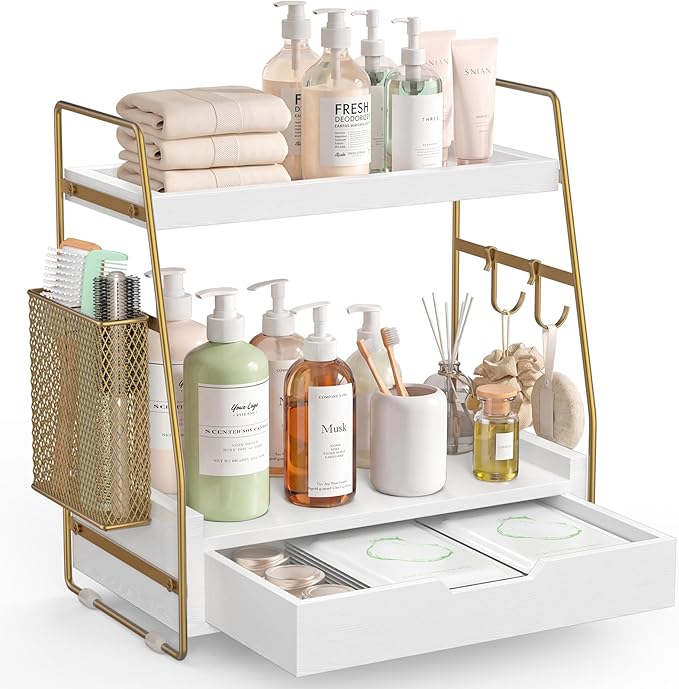 2-Tier Bathroom Counter Organizer with Drawer & Removable Basket, Wood & Metal Vanity Organizer for Skincare, Makeup, Perfume, Toiletries, Small Bathroom Counter Shelf, 13'' White Gold
