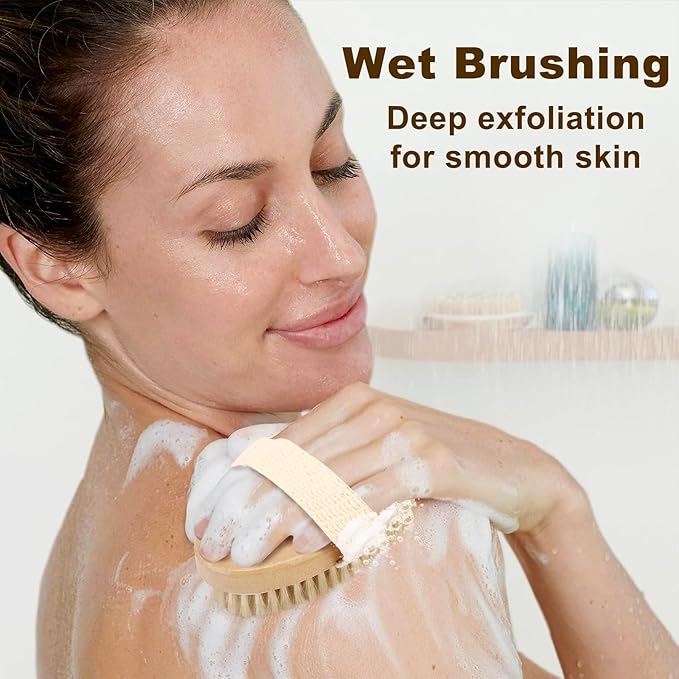 2Pcs Natural Bristle Exfoliating Brush, Body Scrubber for Lymphatic Drainage, Blood Circulation, Wet and Dry Brush, Deep Exfoliation for Smooth Skin