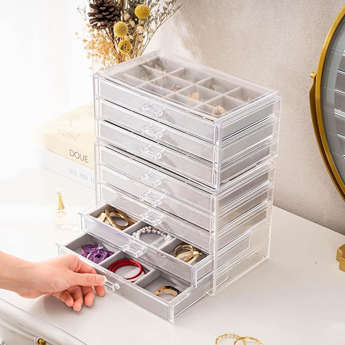 ProCase Earring Holder Organizer Jewelry Box with 8 Drawers, Acrylic Clear Earring Case with Adjustable Velvet Trays for Women - Grey, 8 Layers