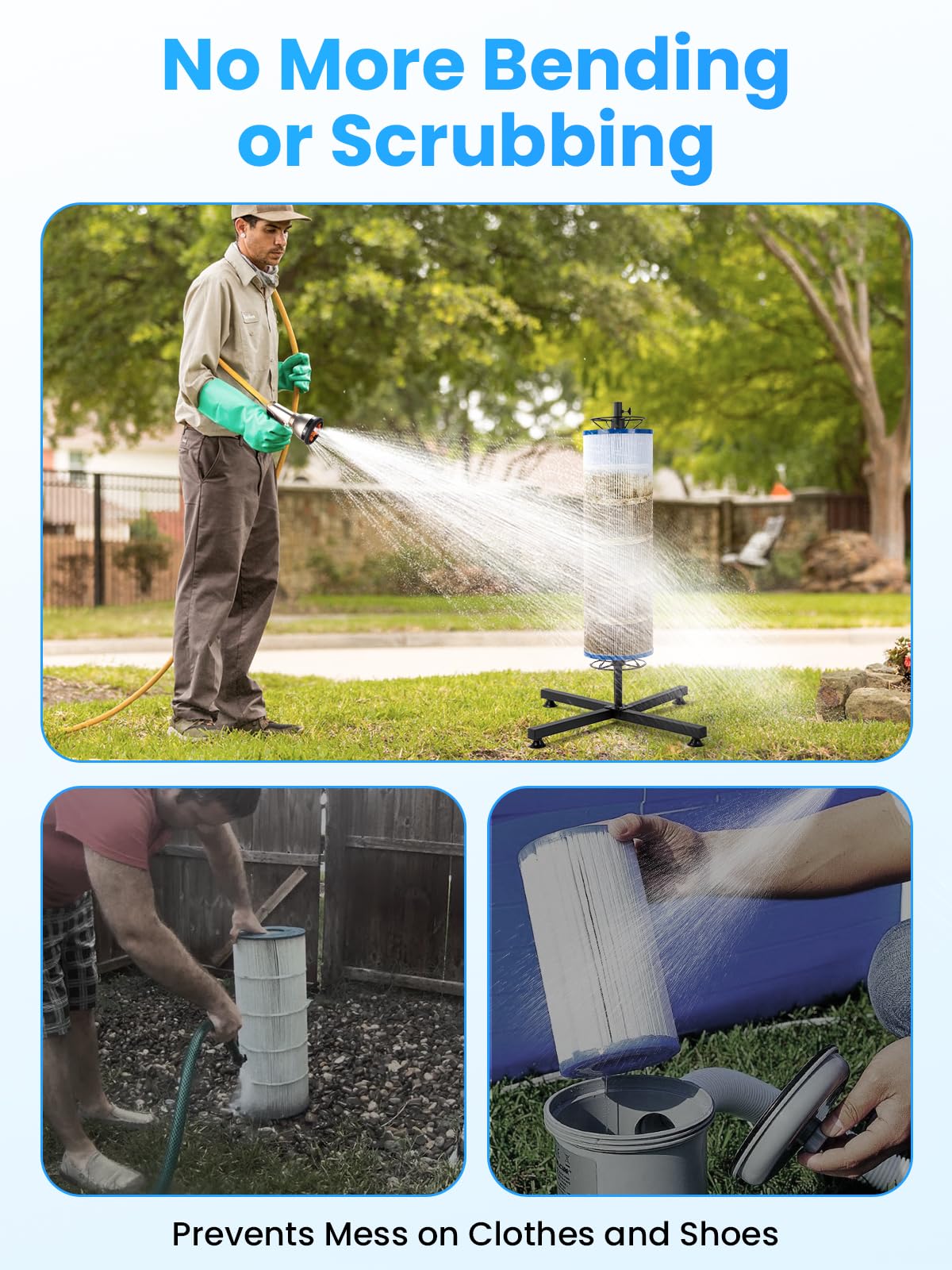 Yozlro Vertical Pool Filter Cleaner Stand Tool with 9‑Mode Adjustable Spray Nozzle, Fast Cleaning, Universal Fit for 3", 4", 6" Filter Cartridges, 360° Deep Cleaning