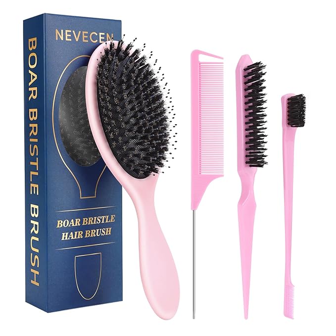 Boar Bristle Hair Brush for Women Men - Gentle Detangling Paddle Brush Pink with Nylon & Boar Bristles, Smoothing, Massage & Shine, Reduces Frizz, for Curly, Thick, Thin, Wet or Dry Hair & Extensions