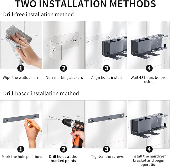 YSD Hair Dryer Holder Wall Mounted, Metal Hair Tools Organizer, Hair Dryer Holder for Blow Dryer, Curling Iron, Straightener, 3 in 1 Bathroom Hair Tool Organizer, Grey
