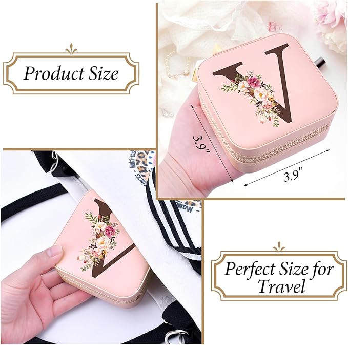 Small Travel Jewelry Case for Women, Initial Travel Jewelry Case Box Organizer Personalized Gifts, Fashion Travel Essentials Trendy Stuff for Teen Girls, Pink V