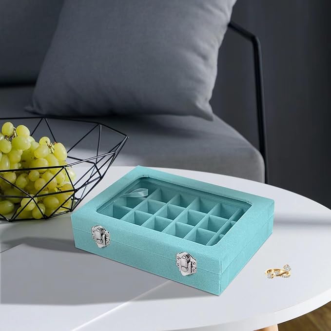 Velvet Jewelry Box 24 Grid Jewelry Earrings Display Organiser Box Ring Tray Holder Earrings Storage Case for Girls Women Wife Mom (Light blue)