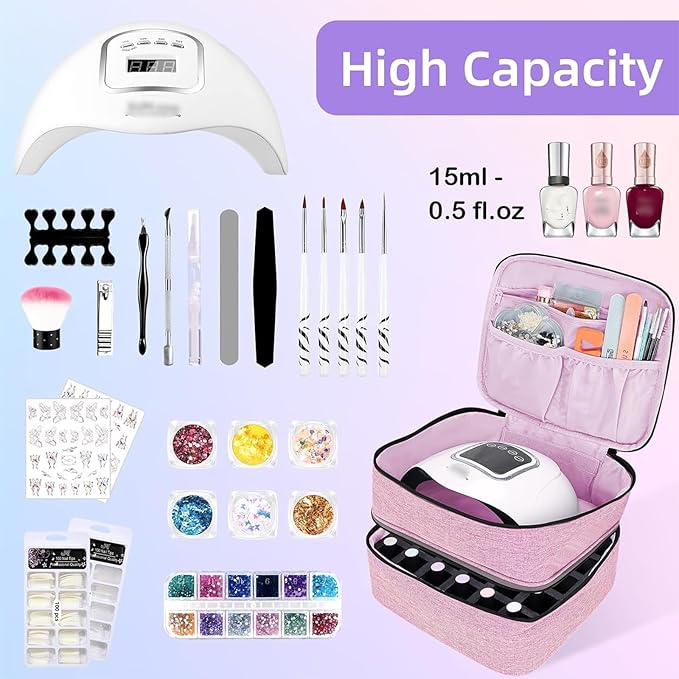 Nail Polish Organizer Holds 30 Bottles (15ml - 0.5 fl.oz) Double-layer Gel Nail Polish Kit Case, Nail Holder for Nail Lamp, Portable Nail Organizer and Storage for Nail Supplies (Pink)