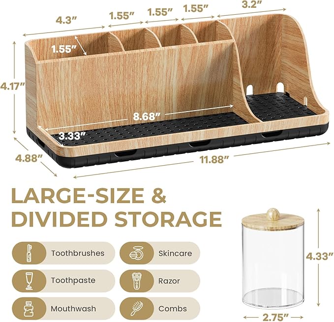 PARKMANI Bathroom Counter Organizer, Bathrooms Toothbrush Holder Set with 3 PCS Qtip Holder, Kids Electric Toothbrush and Toothpaste Holder Organizer Drainage for Bathroom Accessories (Wood Grain)