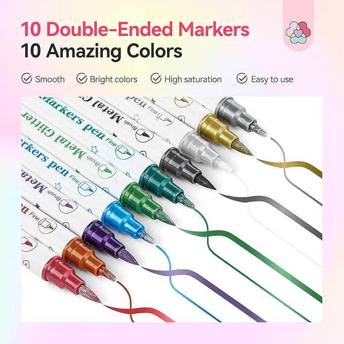 SAVILAND Nail Art Markers Set: 10 Dual-Tipped Metallic Quick Dry Nail Polish Art Pens Fine Tip for Painting Nails, Drawing Dots, Lines & Designs, Home DIY Nail Art Supplies
