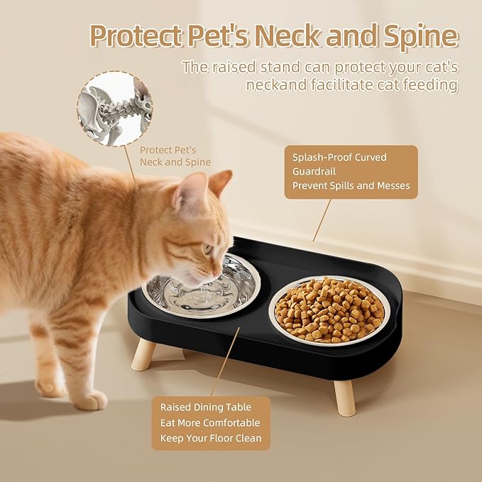Elevated Cat Bowl, Raised Cat Food and Water Bowl Set for Indoor Cats, Splash Proof with 4 Stainless Steel Pet Food Bowls for Cats and Puppies, Whisker Fatigue and Dishwasher Safe - Black