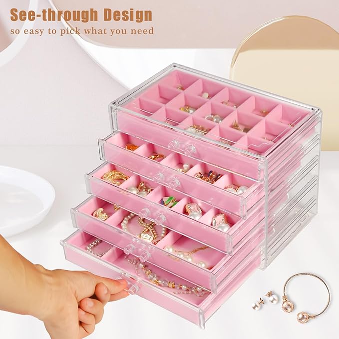 5 Drawers Clear Jewelry Box for Women and Girls, Acrylic Earring Holder Organizer Ring Holder Display Storage, Pink