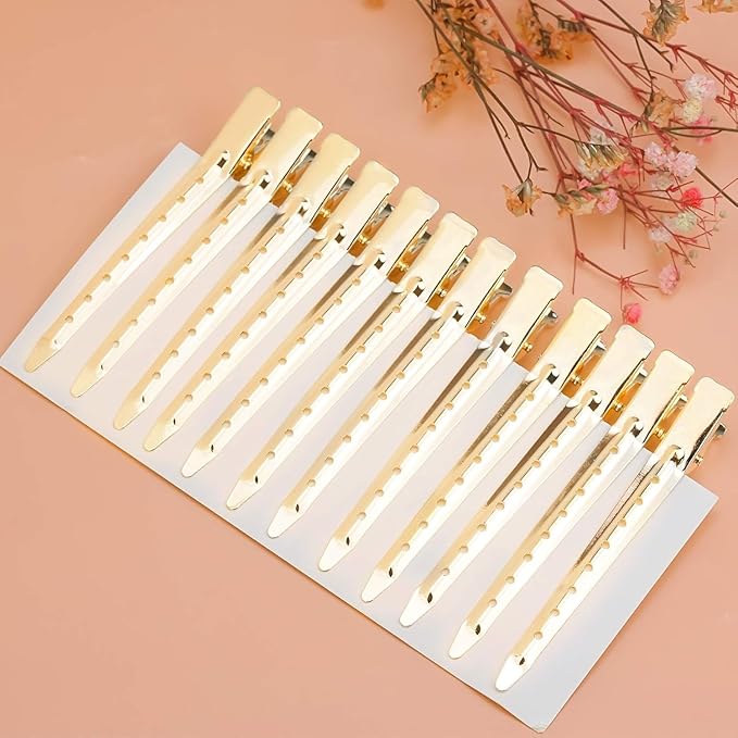 24Pcs Duck Billed Hair Clips for Styling Sectioning, Metal Hair Clips for Women Long Hair, Metal Alligator Curl Clips for Hair Roller Salon (Gold)