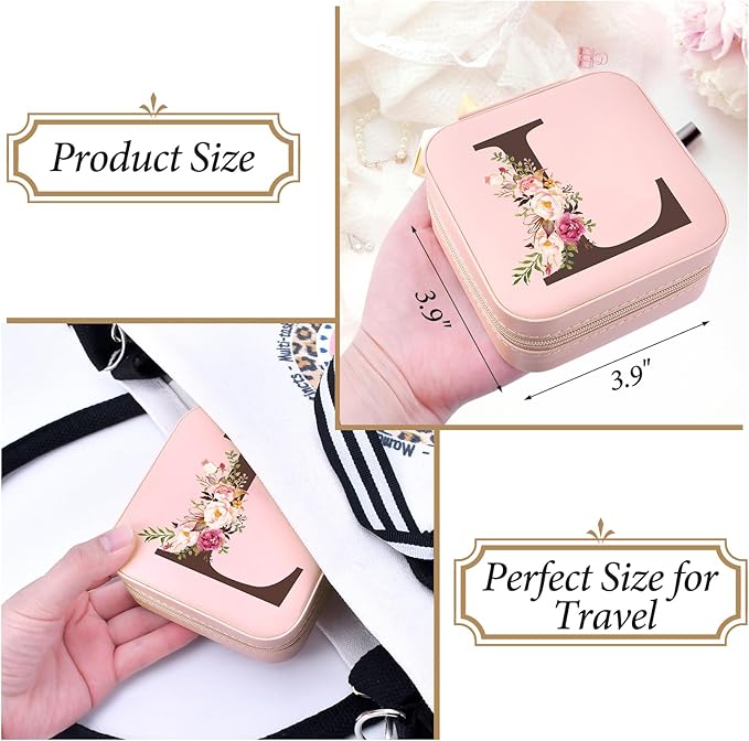 Preppy Travel Jewelry Gifts for Teen Girls, Travel Jewelry Box Personalized Christmas Gifts Stocking Stuffers for Women, Fashion Travel Essentials Trendy Stuff Easter Basket Stuffers, Initial L