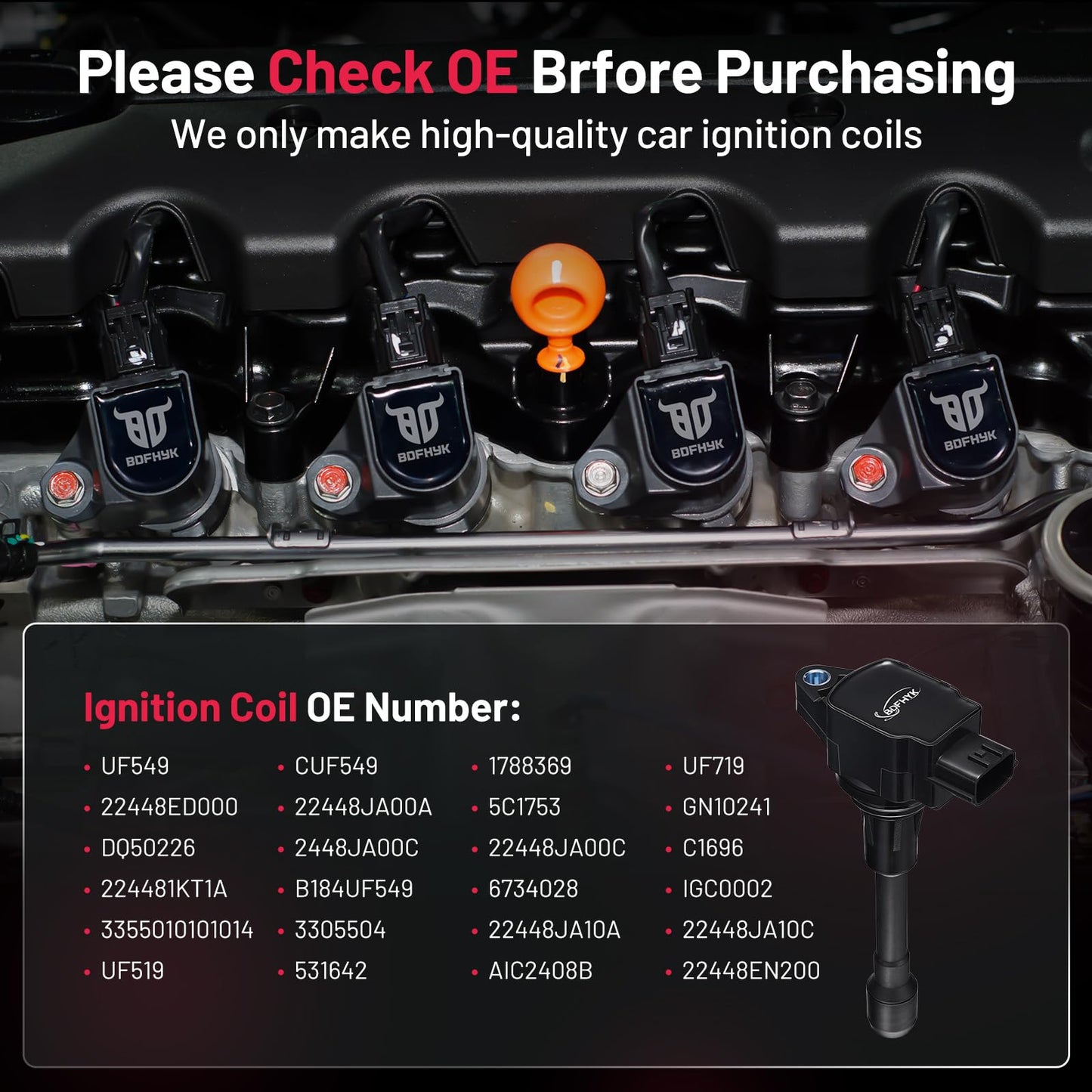 BDFHYK Ignition Coil UF549 Compatible with Nissan Altima 2008 2009 2010 2011 2012 2013 Nissan Rogue 2014 2015 2016 Nissan Frontier Sentra Nissan Versa Tiida 2017 2018 2.5L Nissan Coil Pack Set of 4