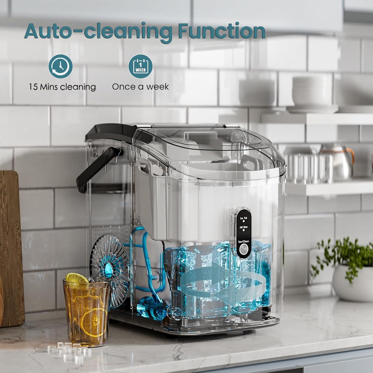 Nugget Countertop Ice Maker with Chewable Pellet Ice, Antarctic Star Portable Ice Machine Pebble Ice with Self-Cleaning, 34Lbs/24H, One Button Operation, for Kitchen, Home Black