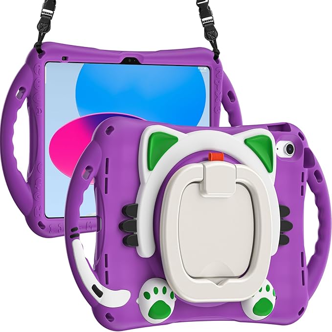BRAECN Cute Cat Case for iPad (A16) 11th/10th Generation 11”/10.9'' 2025/2022, Silicone Kids Boys Case with Pencil Holder, Carrying Shoulder Strap, 360°Rotating Handle Grip & Kickstand, Purple