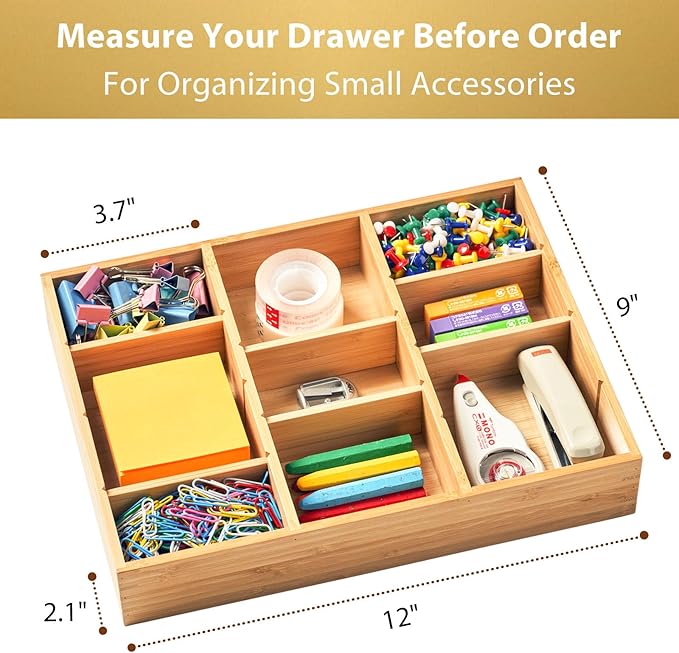 Umilife Bamboo Desk Drawer Organizer, Wood Junk Organizer Tray with Adjustable Dividers, Anti-Skip Storage Organization in Office Bathroom Drawer for Vanity, Makeup, 12" x 9"